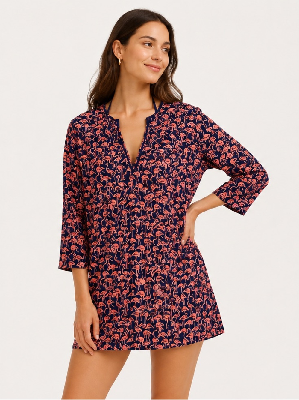 J. Crew Navy and Coral Flamingo Swim Coverup